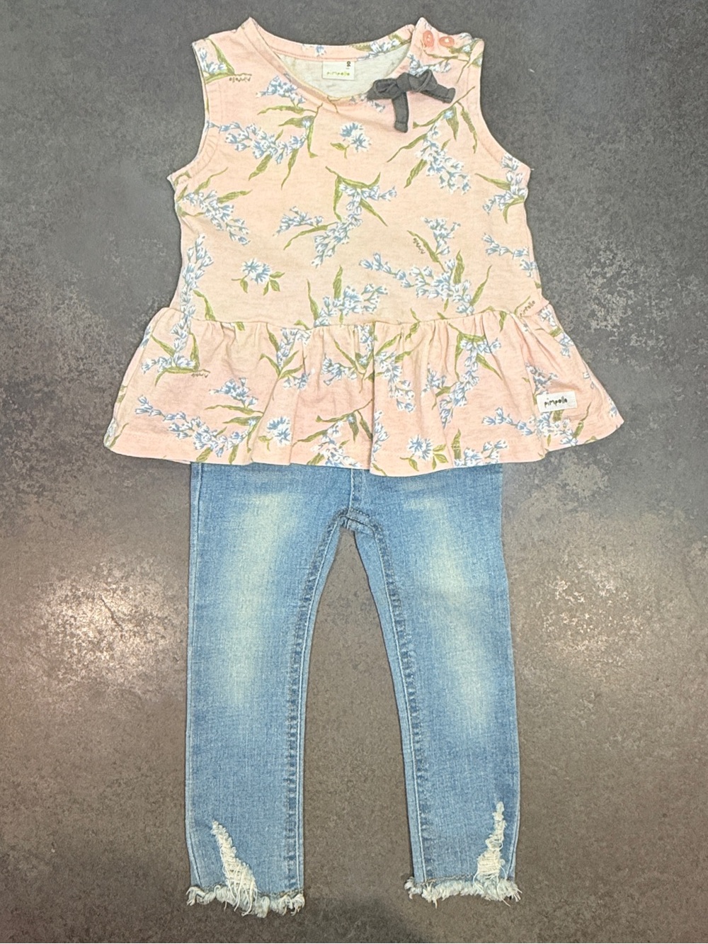 7 For All Mankind Pink Floral Peplum Top with Blue Denim Leggings